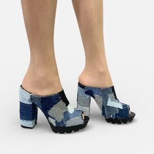Retro Qupid Patchwork Denim Peep Toe Chunky Slip On Block Heel Mules Sz 7